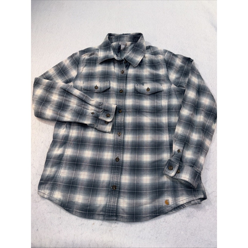 Carhartt Women's Flannel Shirt Size Large 12/ 14 Blue White Plaid Fitted Pockets